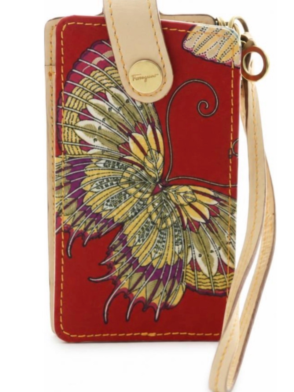 Vintage Salvatore Ferragamo Red Butterfly Wristlet iPod Pouch with Beige Strap